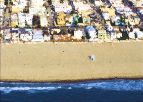 Graphic image of Hermosa Beach from the air, showing the ocean, the beach, and the artists house.