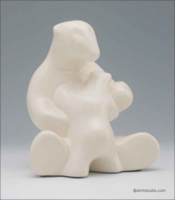 Large image of mother and child polar bear sculpture in carrara white, portrait facing slightly to the viewers right.