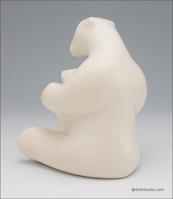 Large image of mother and child polar bear sculpture in carrara white, portrait facing away from the viewer.