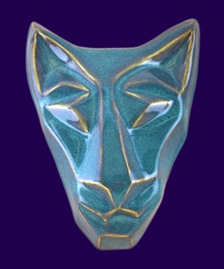 Image of Brother cat mask in floating waterfall blue glaze. Portrait facing out to the viewer.