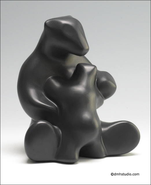 Large image of mother and child black polar bear sculpture in diamond black, portrait facing slightly to the viewers right.