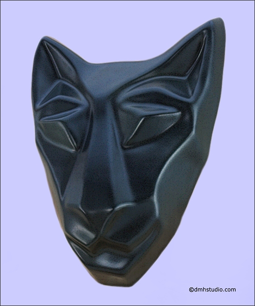 Large image of sister cat mask in diamond black. Portrait facing slightly to the viewers left.